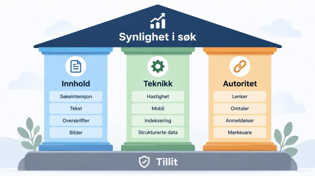 Diagram av de tre pilarene i SEO: innhold, teknikk og autoritet, som sammen bærer synlighet i søk.