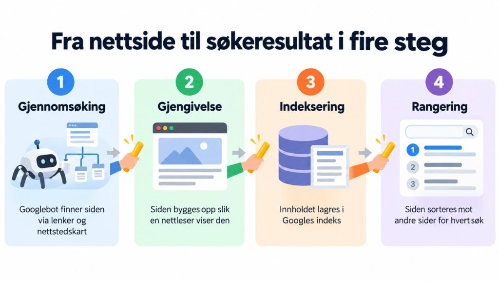 Flytdiagram som viser hvordan Google jobber i fire steg: gjennomsøking, gjengivelse, indeksering, rangering.
