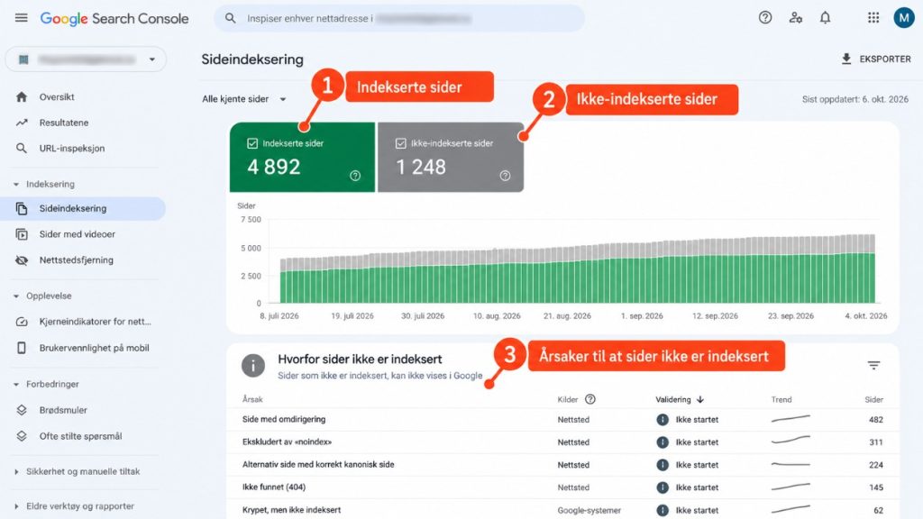 Rapporten Sideindeksering i Google Search Console med indekserte og ikke-indekserte sider.