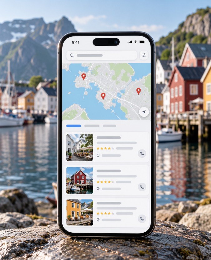 Lokalt søk på mobil med kartresultater og bedriftsprofiler