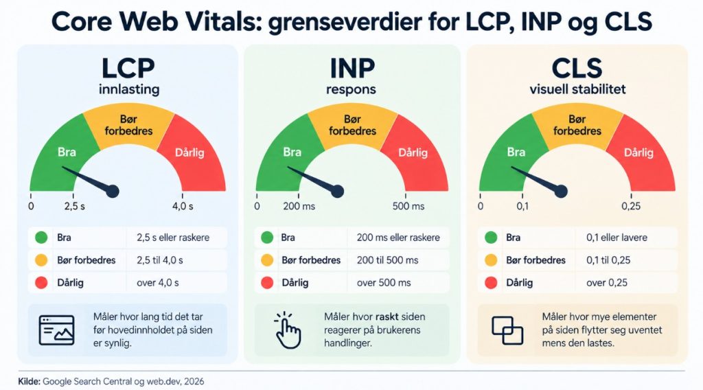 Core Web Vitals: grenseverdier for LCP, INP og CLS