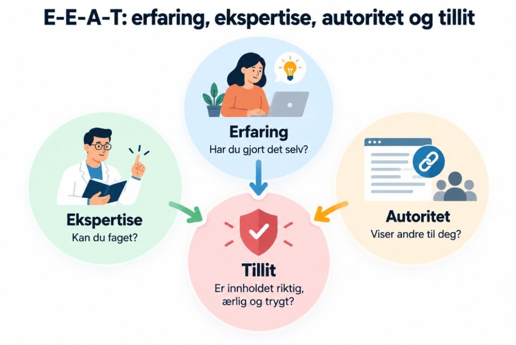 Diagram av E-E-A-T: erfaring, ekspertise og autoritet rundt tillit, som står i midten.
