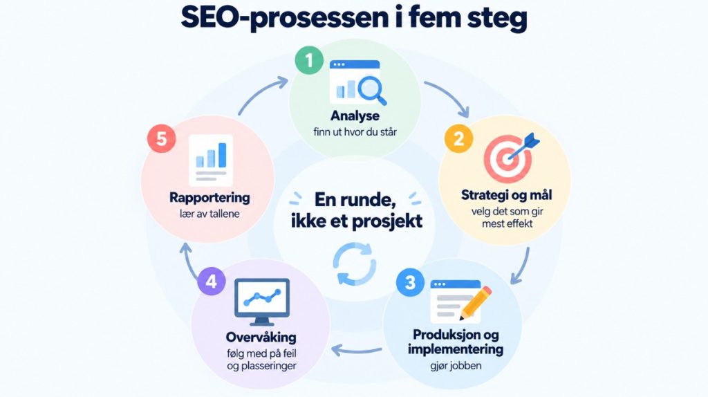 Sirkeldiagram av SEO-prosessen i fem steg: analyse, strategi, produksjon, overvåking og rapportering.